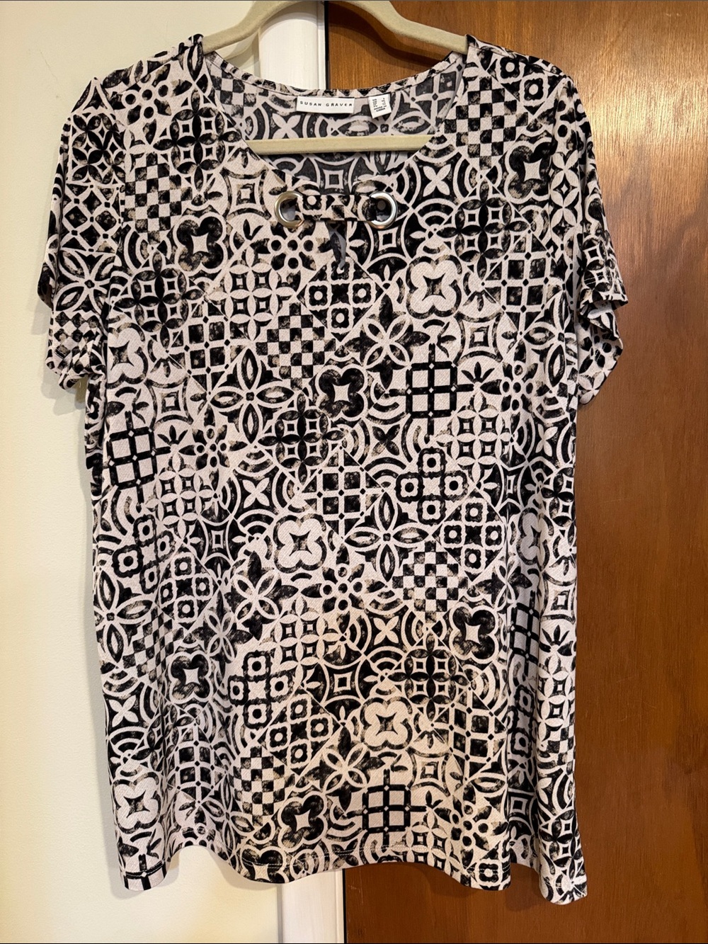 Susan Graver Black and White Short Sleeve Tile-Print Top